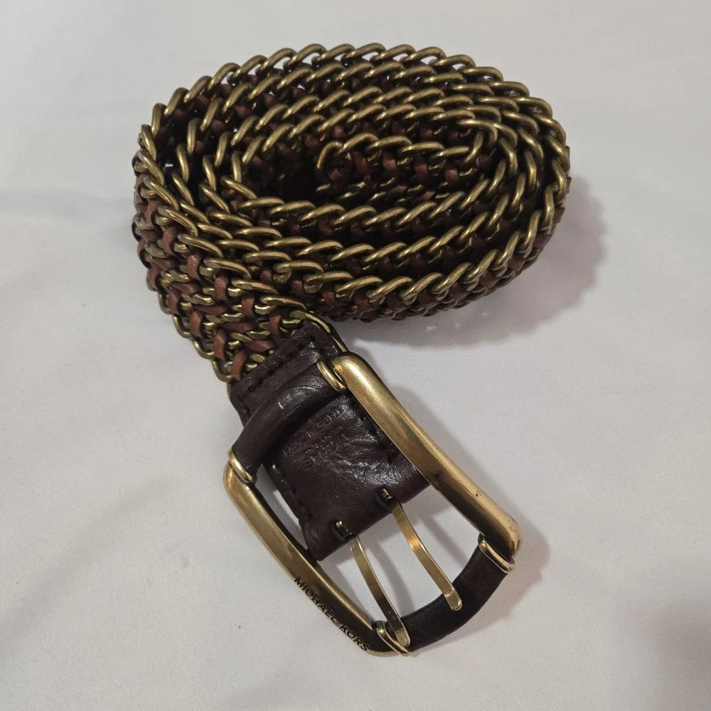 Vintage Michael Kors Heavy Brass Chain Woven Leather Belt 44